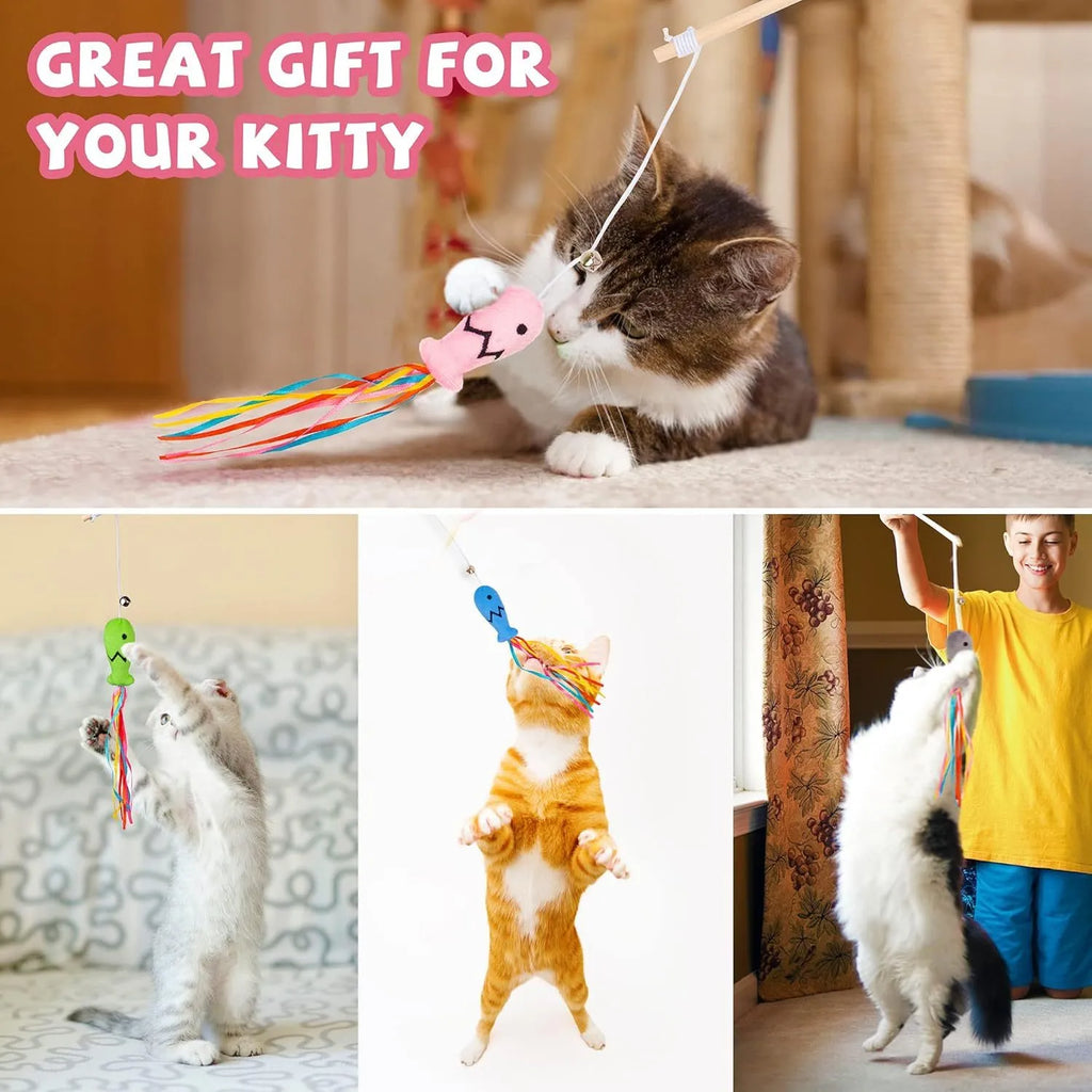 Colourful cat wand toy with ribbons, catnip fish, and bell on a wooden handle for indoor cats