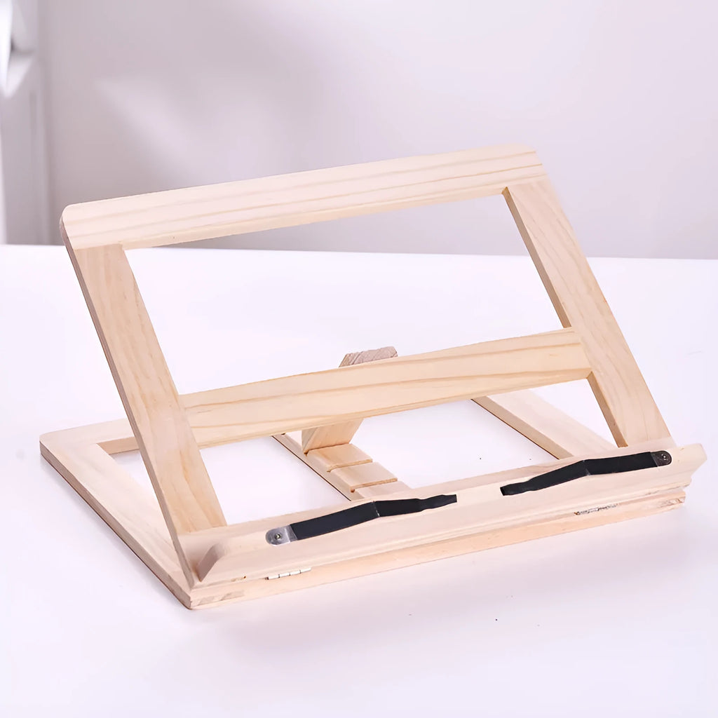 Large wooden book easel with iron clip, pine wood, 31 x 24 cm, holding an open book