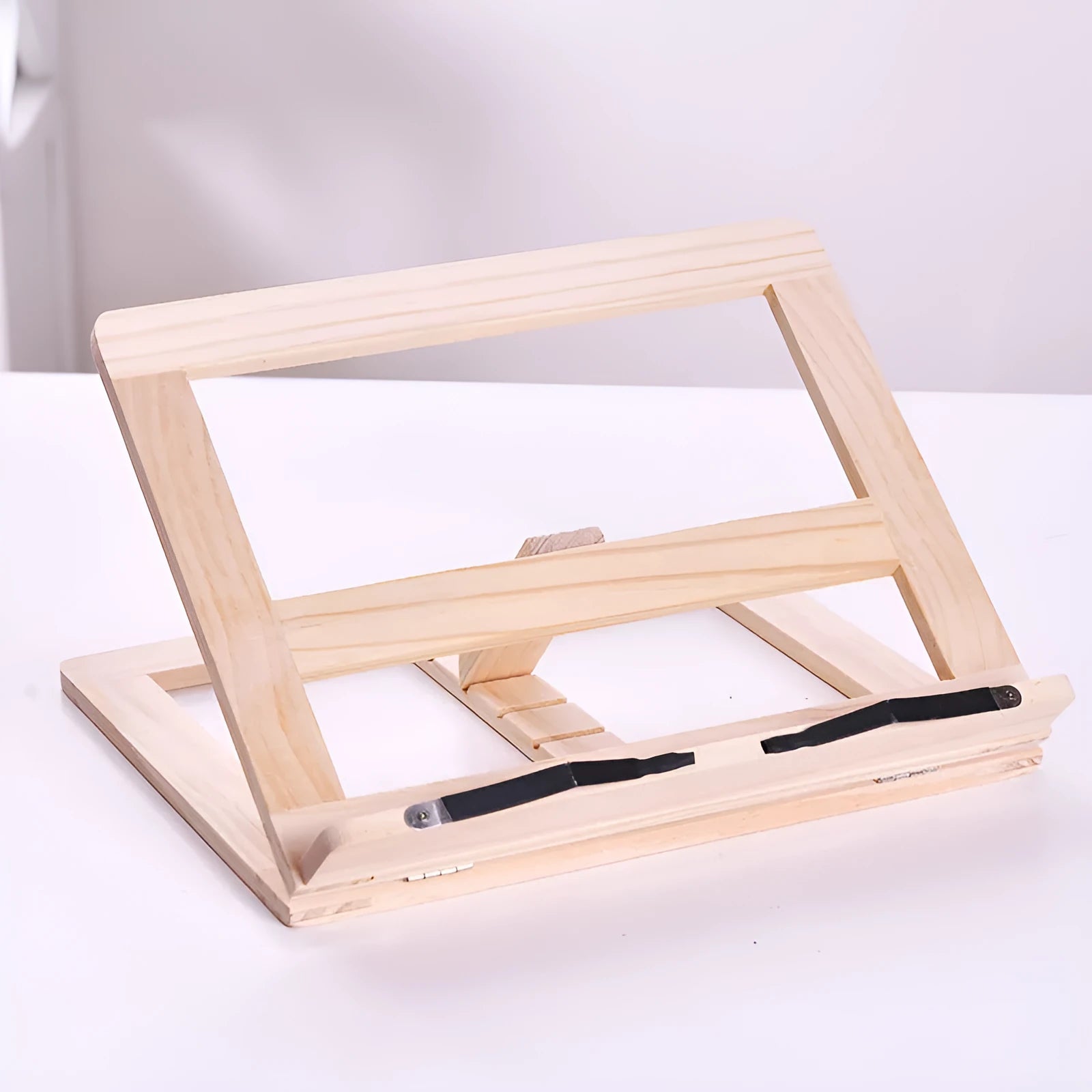 Large wooden book easel with iron clip, pine wood, 31 x 24 cm, holding an open book