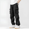Men's loose straight cargo pants in black with wide-leg cut and drawstring waist