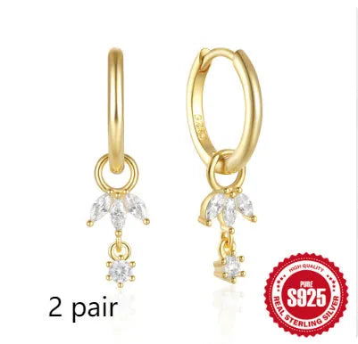 Sterling silver geometric sunflower earrings with golden three diamond zircon accents