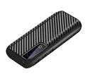 Black portable mini power bank with 20000mAh capacity showing USB ports, placed next to a mobile phone.