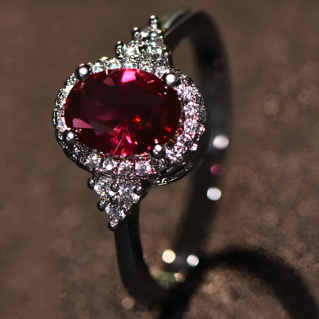 Ruby oval shape open mouth adjustable ring for women, copper white gold finish, sizes No.6 to No.10