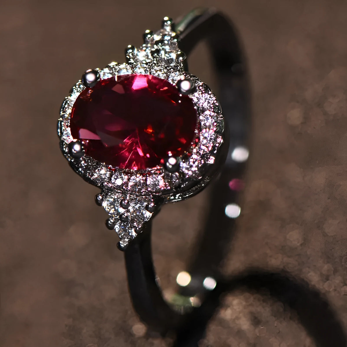 Ruby oval shape open mouth adjustable ring for women, copper white gold finish, sizes No.6 to No.10