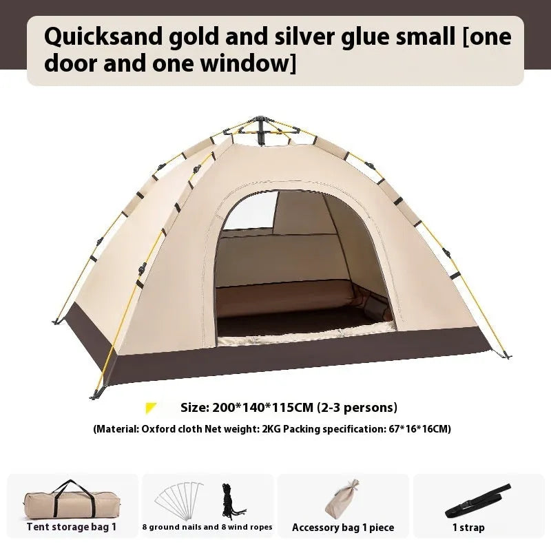 Outdoor portable double camping tent with silver glue quicksand gold material, one door and one window