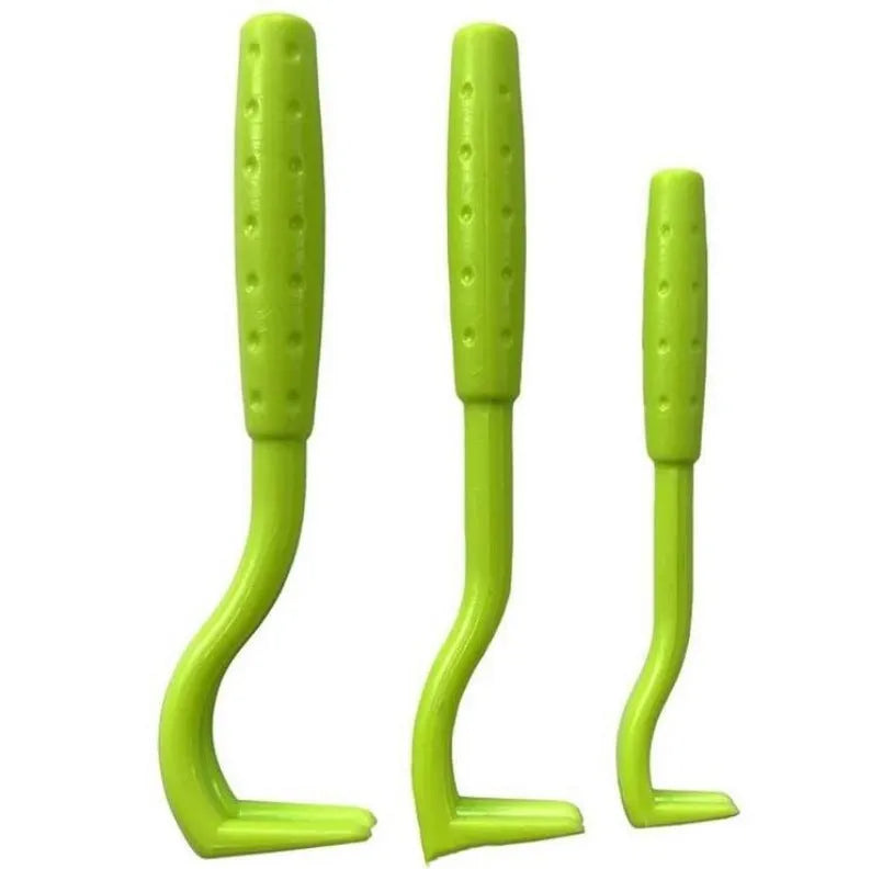 Three plastic pet tick removal hook tools in blue and green colours
