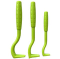 Three plastic pet tick removal hook tools in blue and green colours