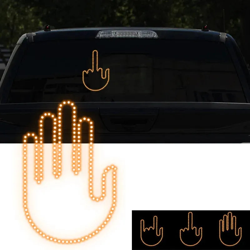 Black plastic LED gesture light for cars with remote control showing middle finger symbol