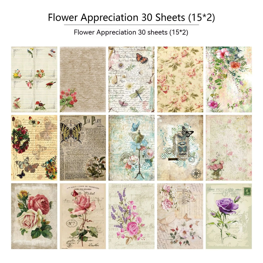 30 pieces of retro-style printed scrapbook paper with botanical, floral, letter, and musical designs