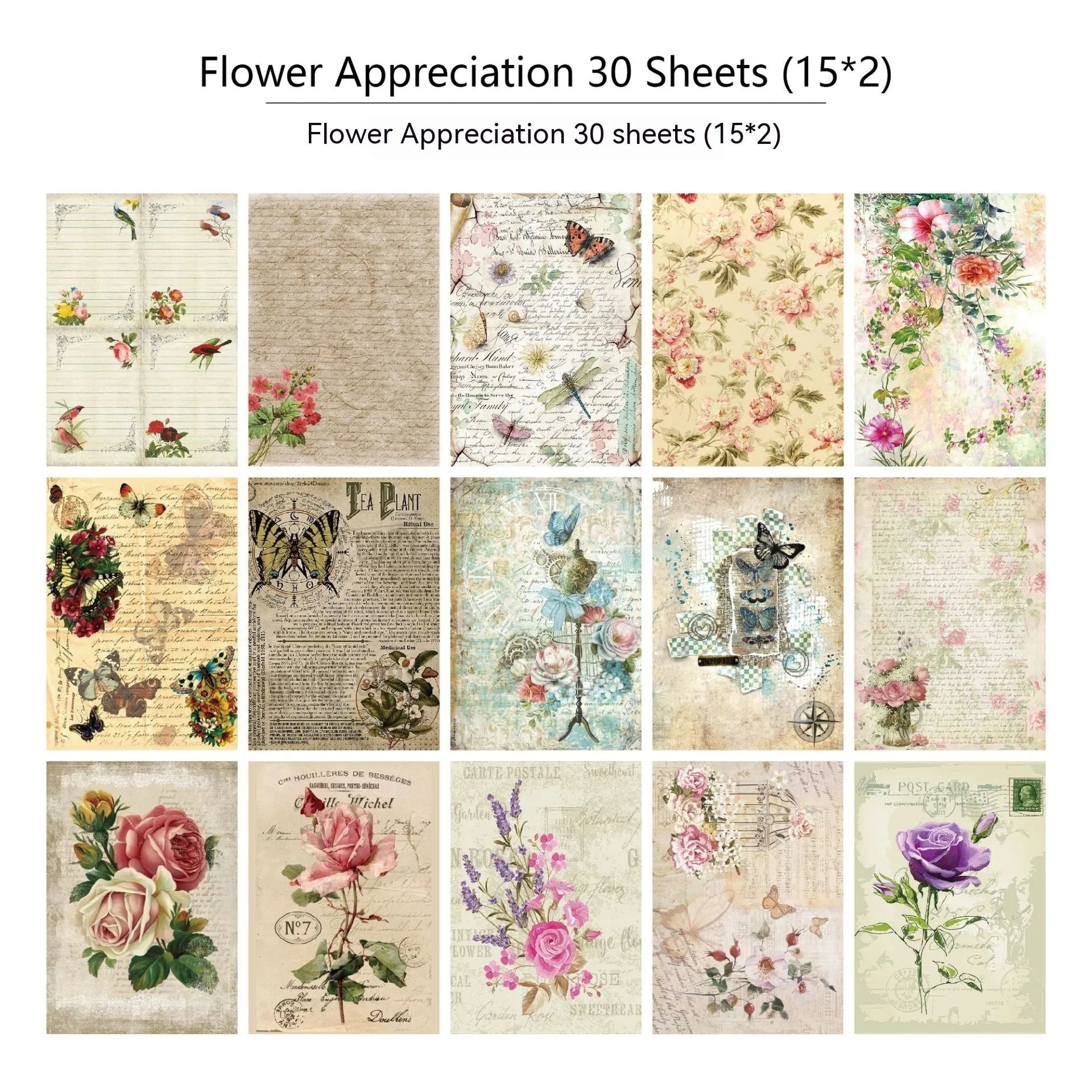 30 pieces of retro-style printed scrapbook paper with botanical, floral, letter, and musical designs