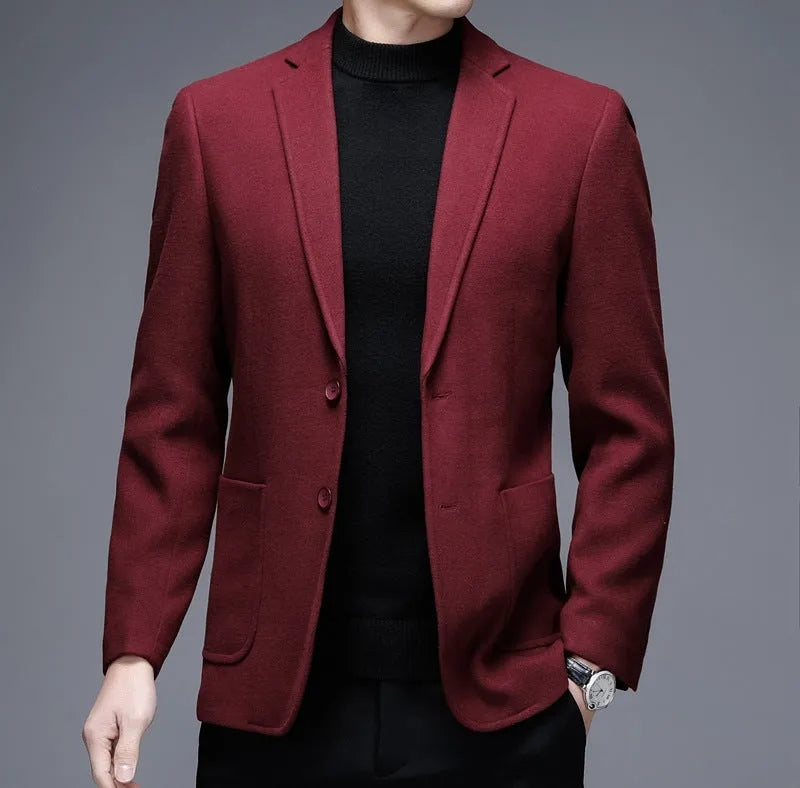 Men's solid colour loose-fit woolen winter jacket on a hanger.