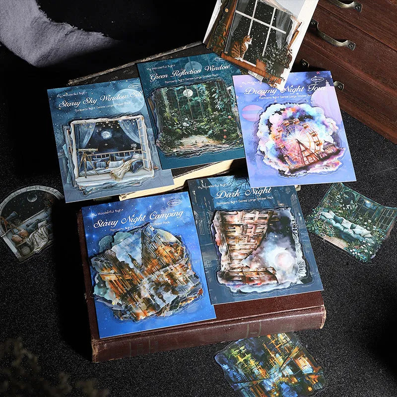 PET large night view sticker set with 6 retro printed scenes on a clear background, approximately 110x156mm each