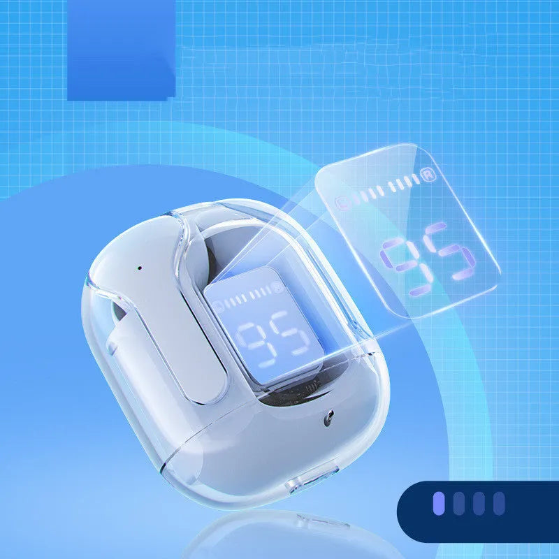Mini wireless Bluetooth headset with LED digital display, shown in one of five colour options with charging case and earplugs