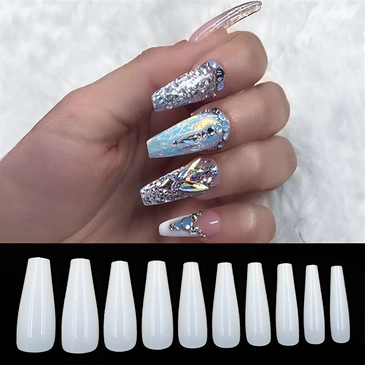 500 clear and natural ballet false nails in a bag showing various sizes of ABS plastic tips