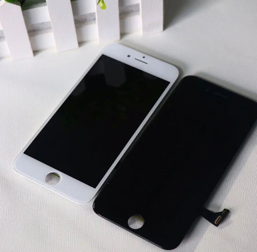 iPhone LCD screen replacement kit showing display, capacitive touch layer, and metal disassembly tool.