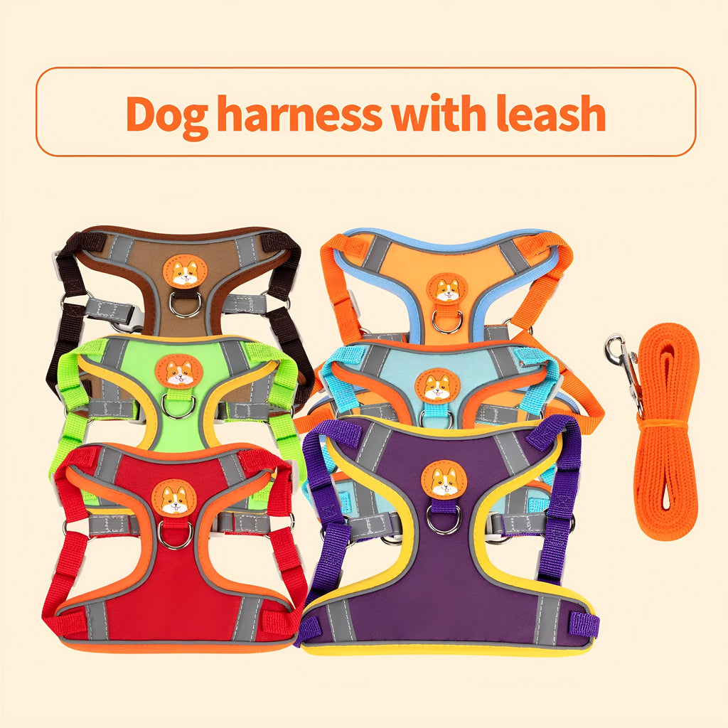Adjustable vest-style dog harness with haulage rope in assorted colours.