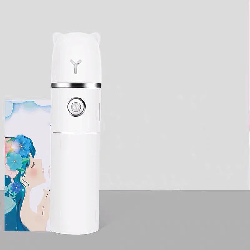 White USB rechargeable handheld spray fan with water tank, flashlight, and power bank function