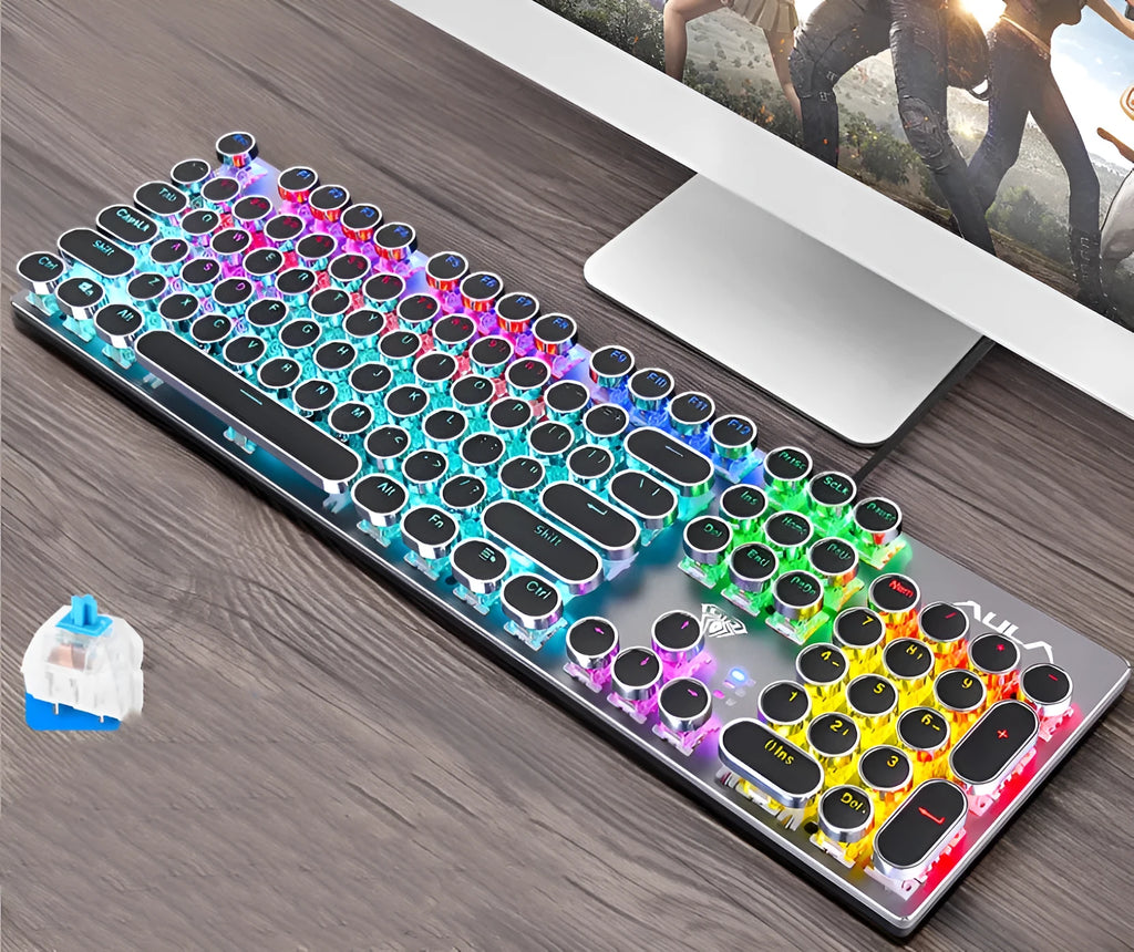 Steampunk gaming mechanical keyboard with metal panel, electroplated keycaps, wired USB cable, black blue colour