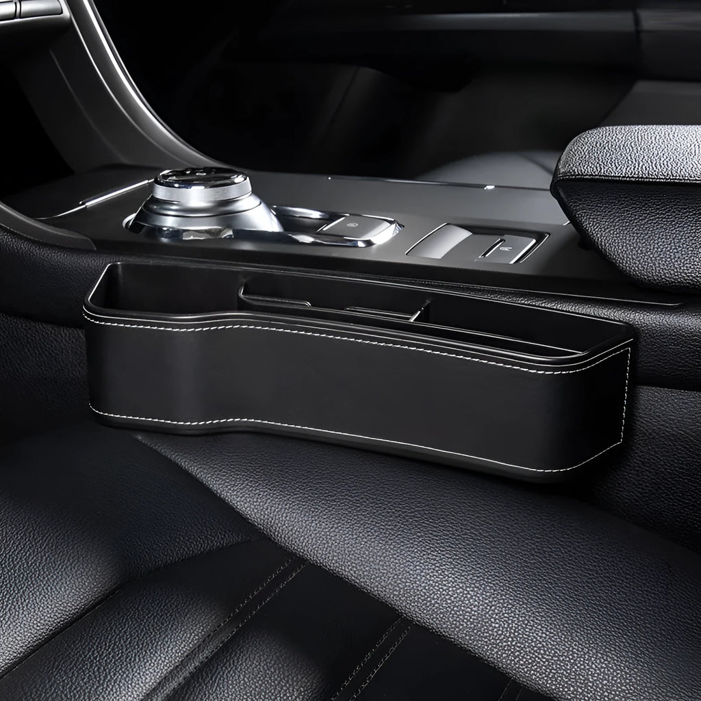 Black leather car seat gap storage box with cup holder and USB cable for car interior organisation