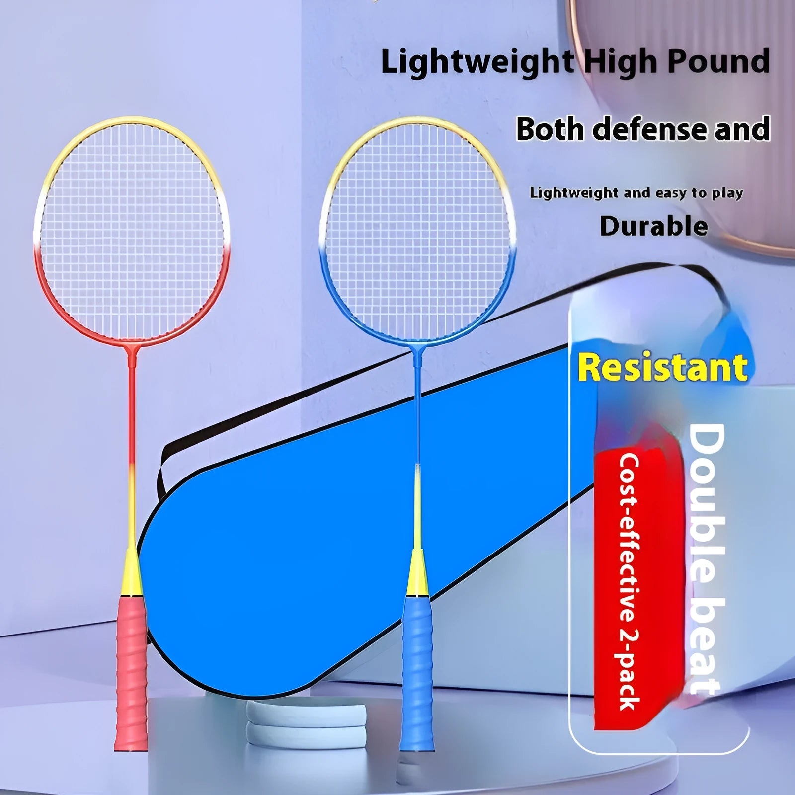 A pair of blue and red ultra-light alloy badminton rackets for casual play.