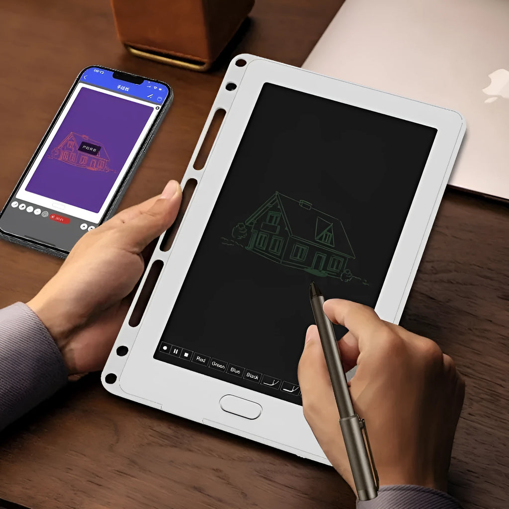 85-inch electronic writing pad with stitching design, smart pen, and USB cable in black, blue, or sky blue.