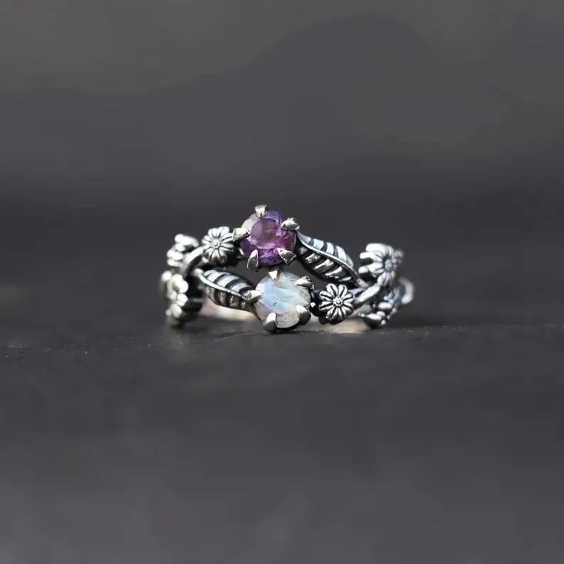 Silver zinc alloy flower ring with purple gemstone for women, available in sizes 6 to 10