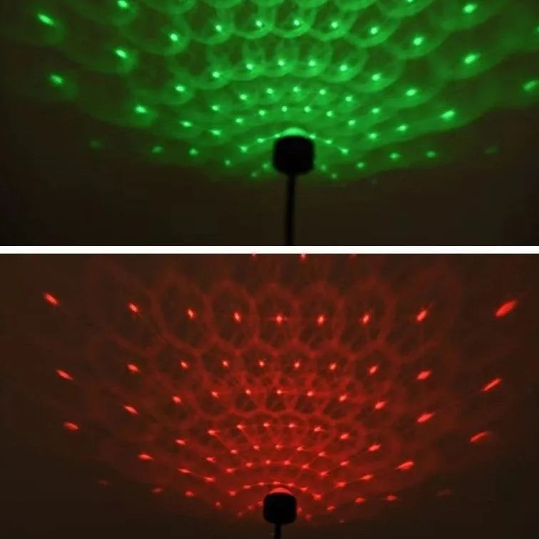 Black USB car atmosphere projection star light with ABS plastic housing plugging into vehicle dashboard