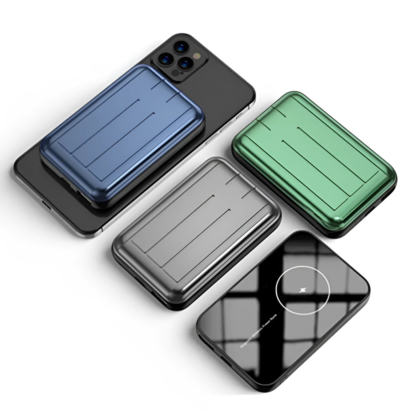 Blue magnetic wireless charging power bank showing front view with USB ports