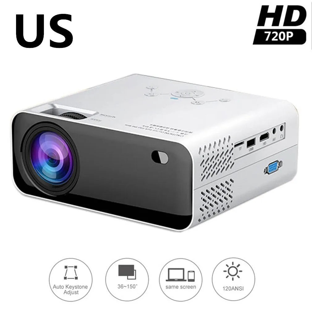 White LCD home office projector with manual focus and keystone correction on a desk