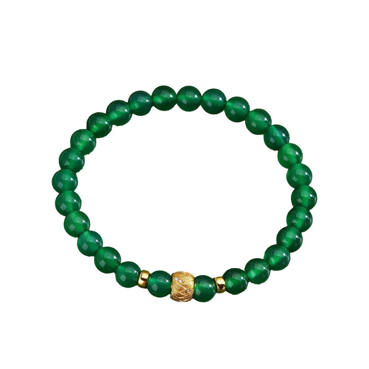 Close-up of a women's bracelet with a green agate stone on a two-tone silver and gold-plated chain.