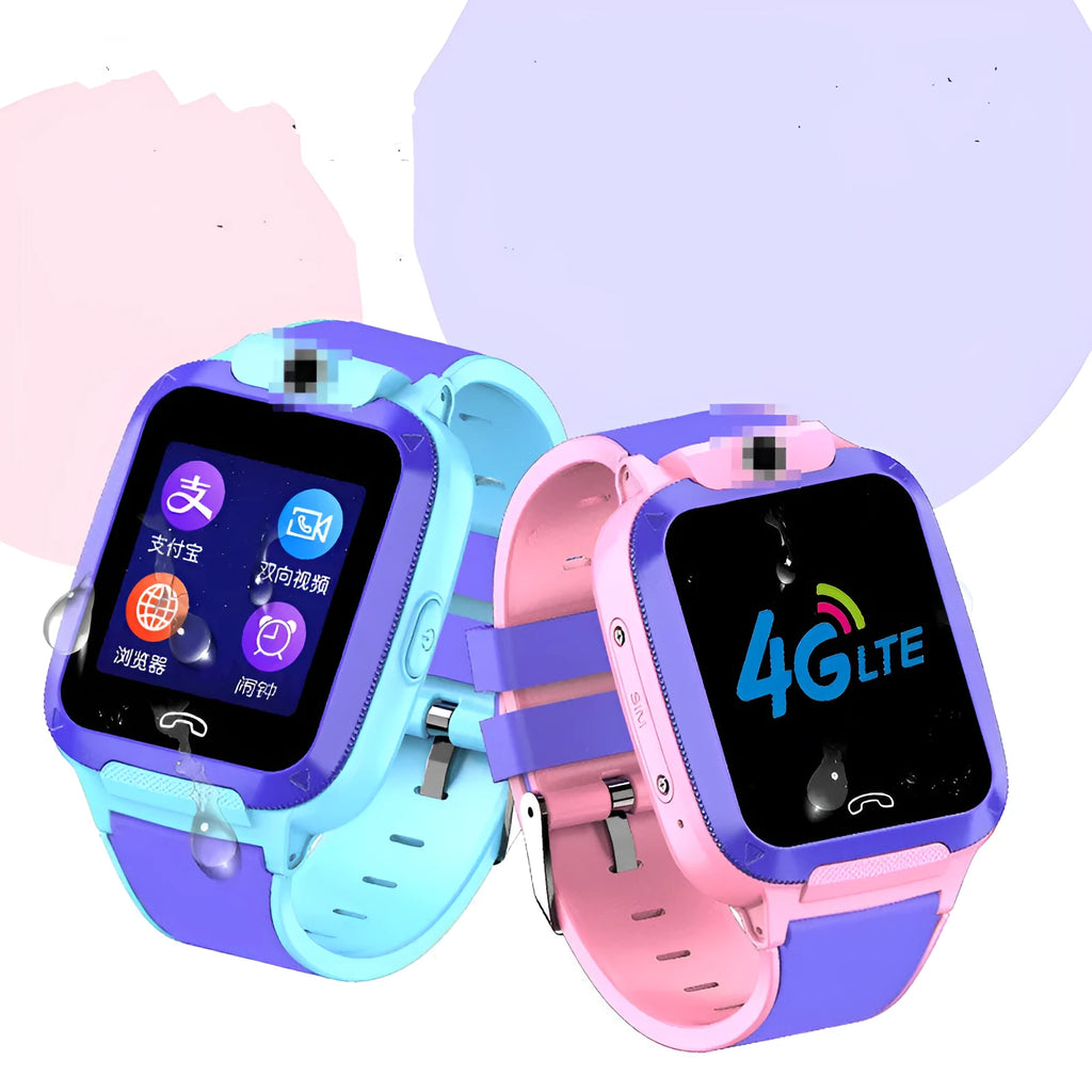 Blue children's smart watch with a silicone strap showing a video call screen and GPS location map.
