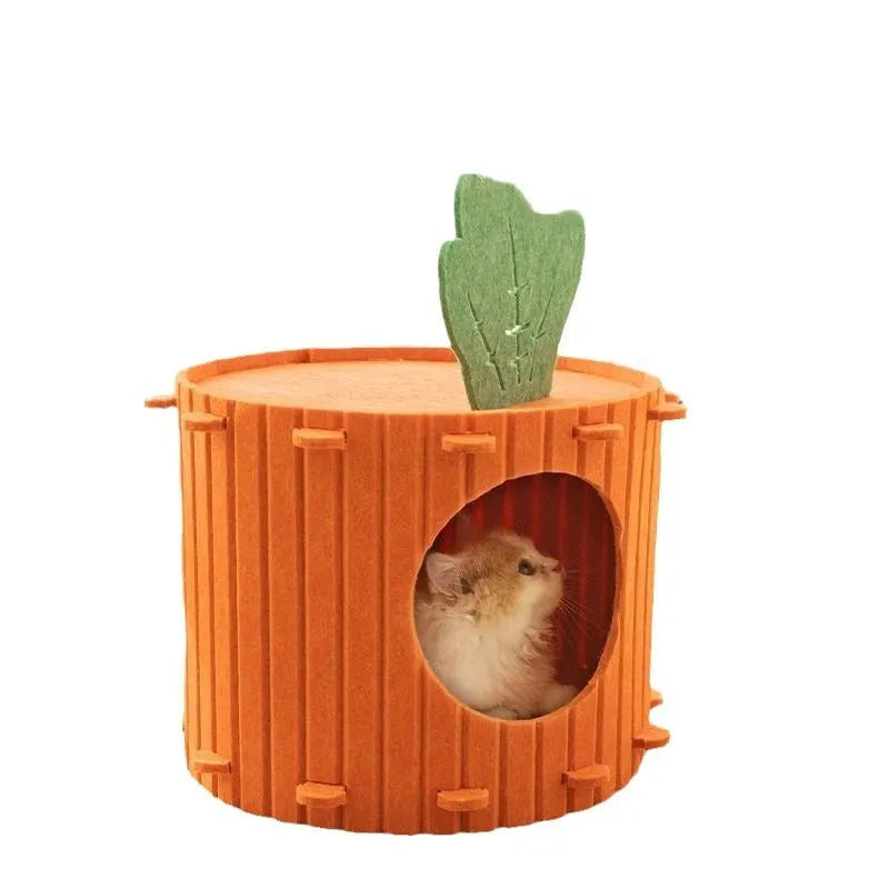 Carrot-shaped grey felt cat bed with a round tunnel entrance, shown next to a cat.