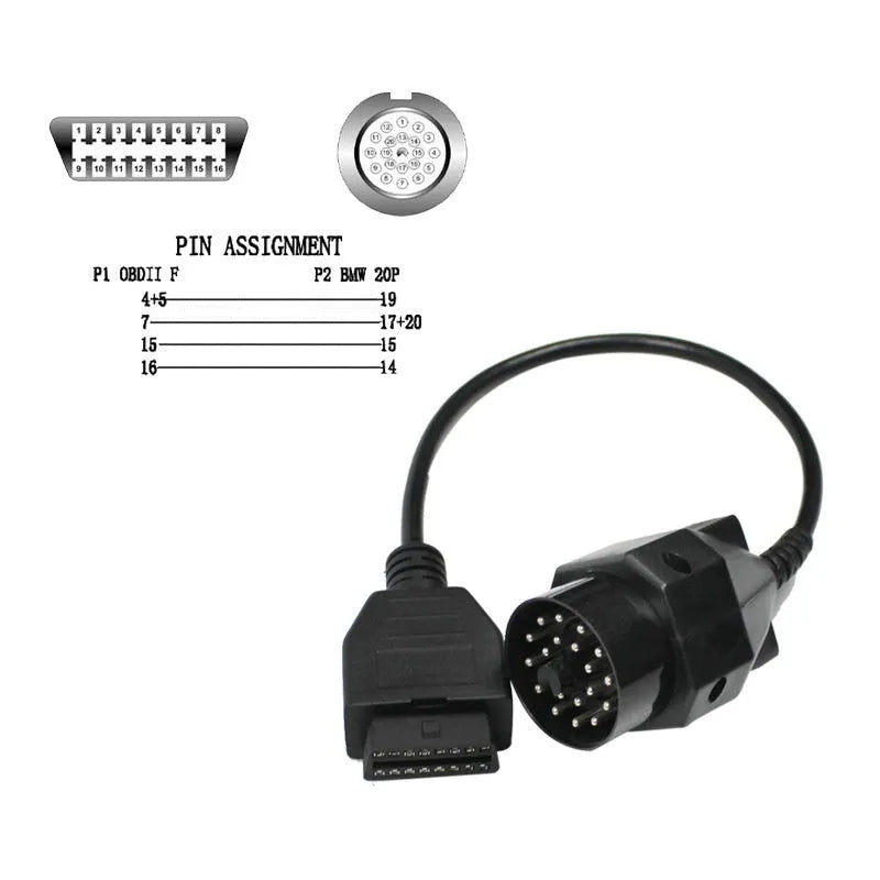 BMW 20-pin to standard 16-pin OBD2 diagnostic adapter cable on a white background