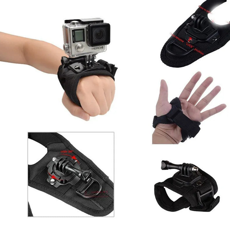 GoPro action camera mounted on black 360-degree rotating wrist strap with back cushion