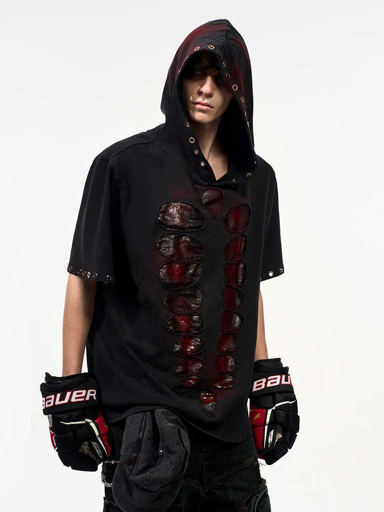 Black men's loose-fit hooded short-sleeve T-shirt with sequin detailing.