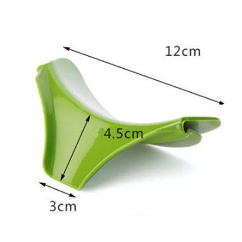 Green silicone kitchen funnel with curved design for clamping onto circular pot rims.