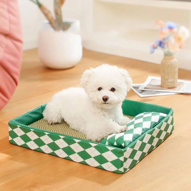 Blue rattan woven cat litter mat and cooling bed for pets on a wooden floor.