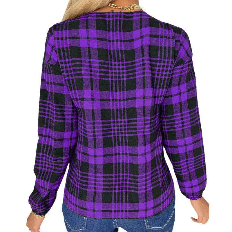 Women's purple plaid casual loose shirt with regular sleeves on mannequin