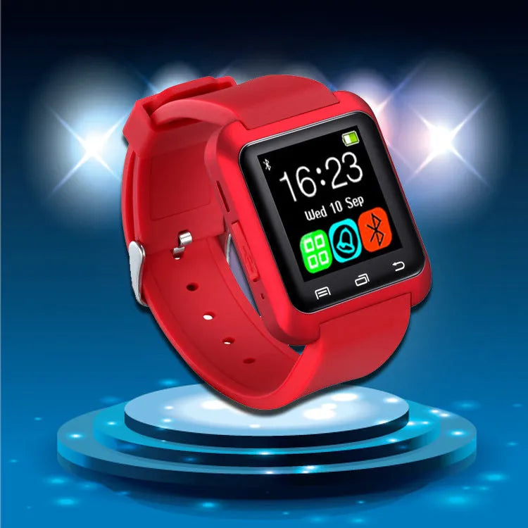 U8 Smart Bluetooth Watch in black, red, or white on a wrist, showing call display.