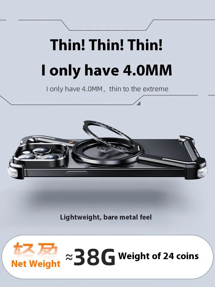 Seamless aluminium alloy phone case with hollow back and magnetic bracket for iPhone 15 Pro Max