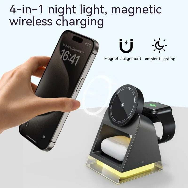 Black three-in-one magnetic wireless charger with small night lamp and Type-C cable for phone watch headset