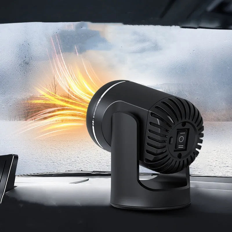 Black and white 12V car heater and defroster with hot cold warm settings for vehicle use