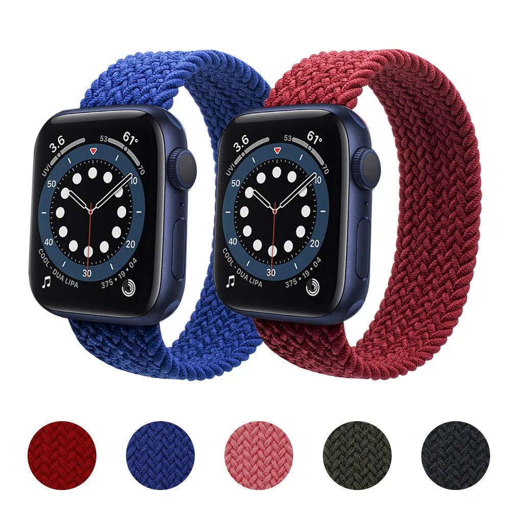 Elastic woven Apple Watch strap in recycled yarn, shown in red, fitting a smartwatch.
