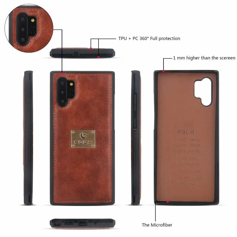 Black PU leather zipper wallet case open to show phone slot and card holders for a Samsung Galaxy phone.