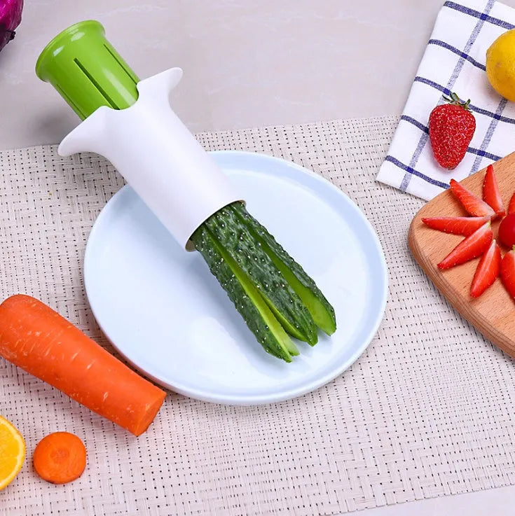 White plastic vegetable and fruit cutter with six stainless steel blades inside
