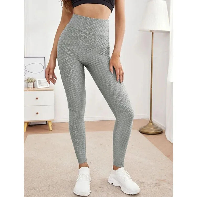 Women's jacquard high waist stretch fitness pants in black, tight fit, with elastic waistband, for running and yoga