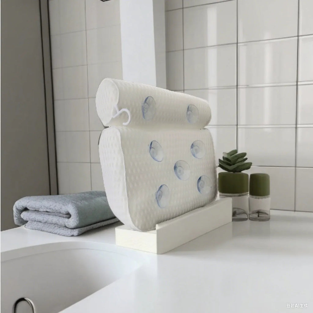 White bathtub pillow with mesh fabric and seven large suction cups on the back.