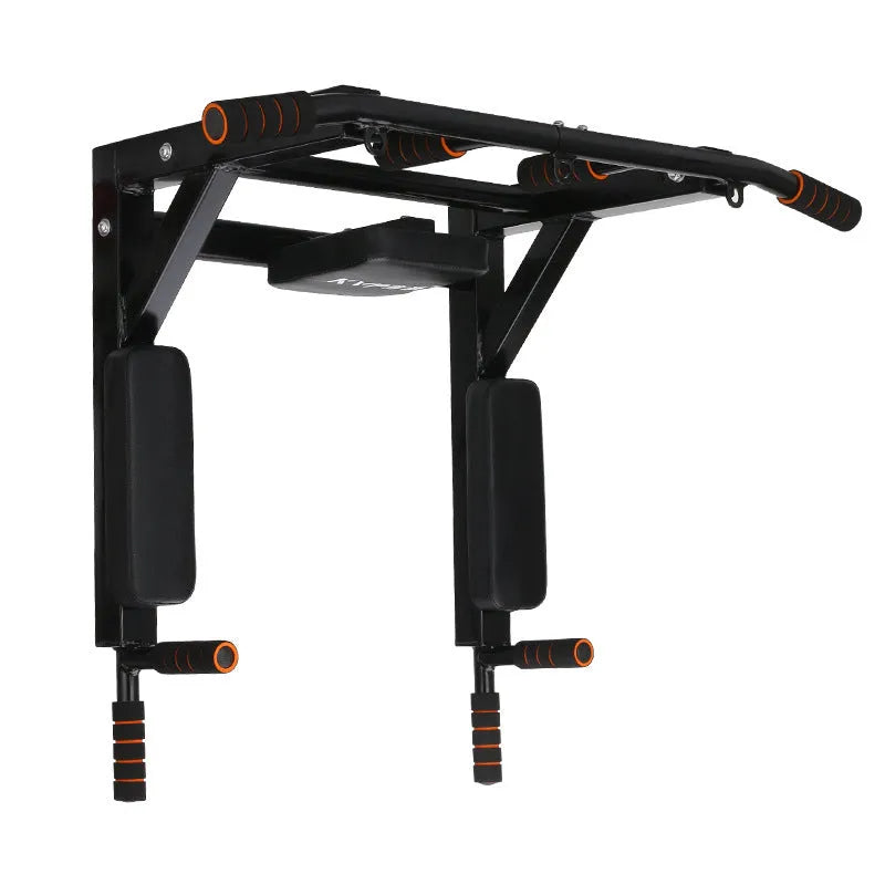 Black wall-mounted steel fitness equipment with parallel bars and a sandbag rack mounting point.