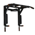 Black wall-mounted steel fitness equipment with parallel bars and a sandbag rack mounting point.