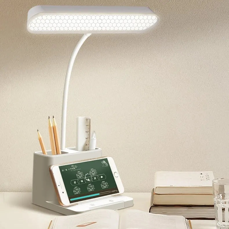 USB desk lamp with 26 LED beads, five-speed dimming, Type-C charging, modern simplicity plastic shade